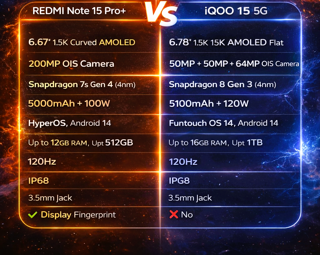 iQOO 15 vs Redmi Note 15 Pro Plus  all comparison